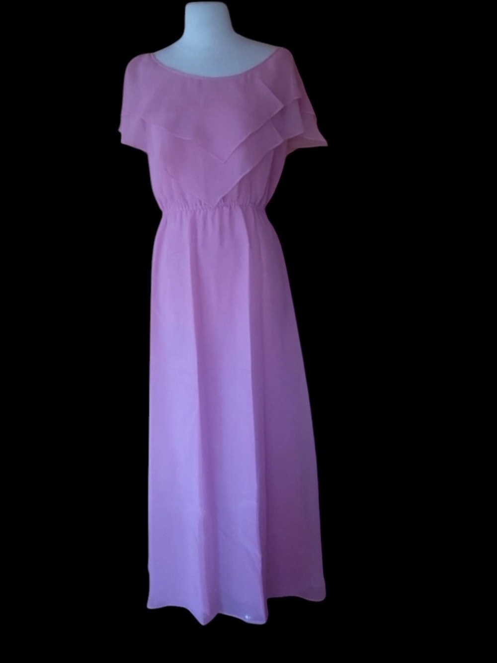1970s Pink Flutter Capelet Tiered Chiffon Formal Maxi Gown